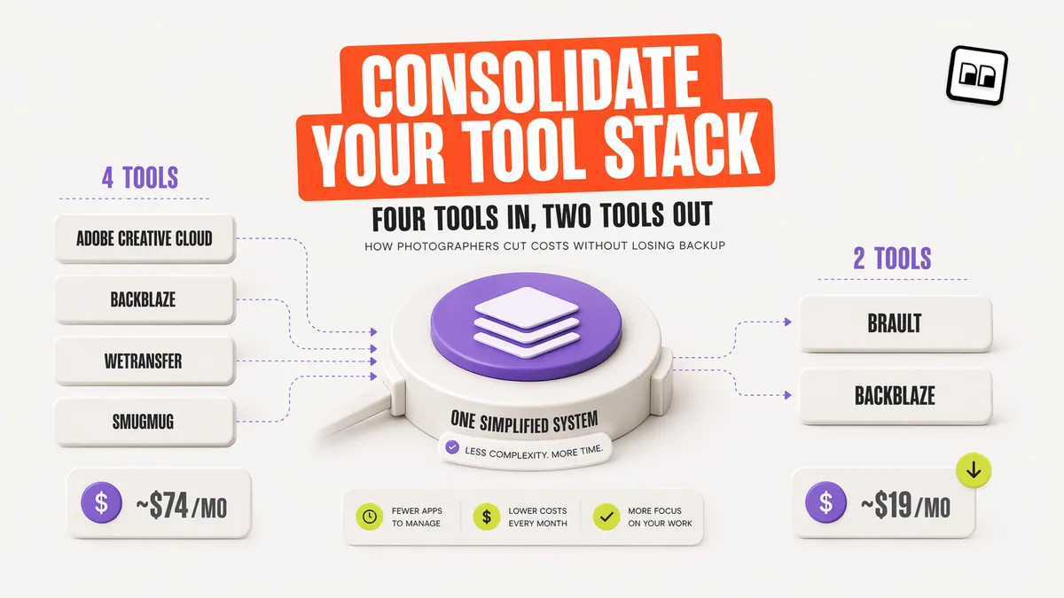 Diagram comparing a typical four-tool photographer stack (Adobe Creative Cloud, Backblaze, WeTransfer, SmugMug at around $74 per month) against a consolidated Brault plus Backblaze stack at around $19 per month